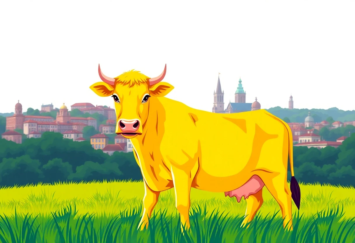 صورة لبقرة بنية اللون ترعى في حقل أخضر