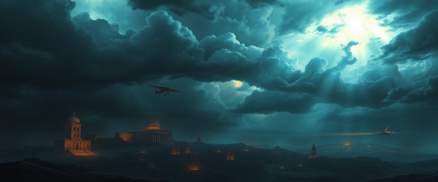 صورة تخيلية لقوم لوط، رسم رقمي لمدينة قديمة تحت سماء مظلمة