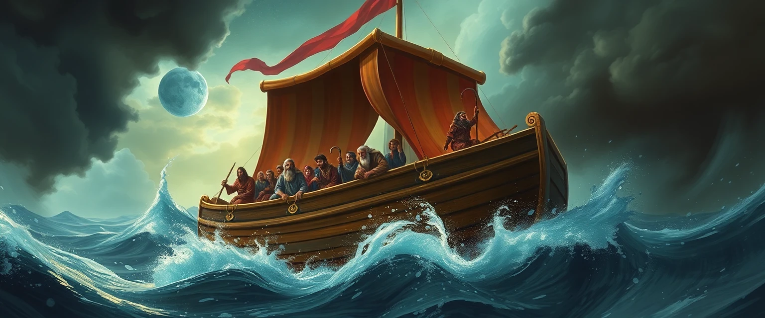 صورة تخيلية لقوم نوح، رسم رقمي لسفينة نوح وسط عاصفة