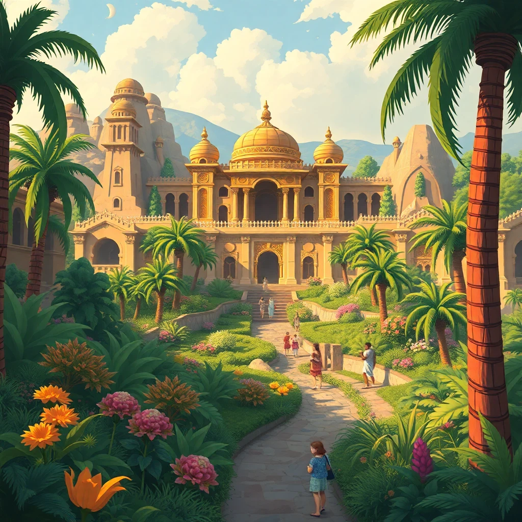 رسم تخيلي لمملكة سبأ القديمة، تظهر فيه حدائق غناء وبناءات فخمة