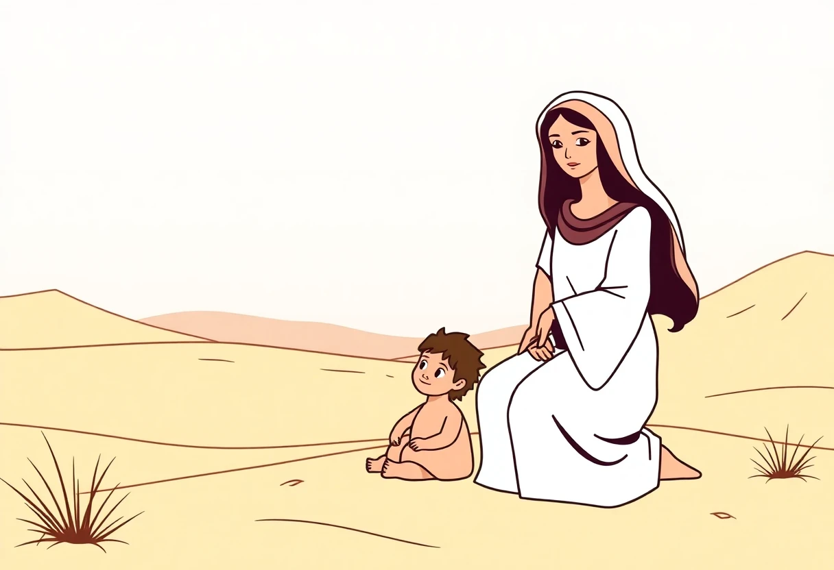 رسم توضيحي لهاجر في الصحراء مع ابنها إسماعيل