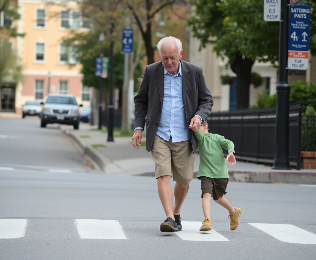 طفل يساعد شخصاً مسناً في عبور الشارع