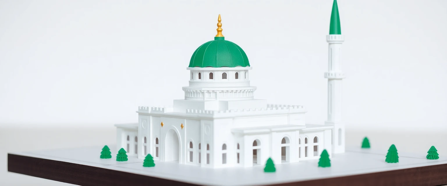 نموذج مسجد مصنوع من الورق المقوى، يظهر قبة خضراء ومئذنة